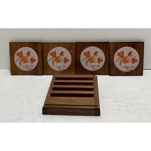 Vintage  Midcentury Modern Walnut Coaster Caddy w/ Enameled Maple Leaf - Picture 7 of 9